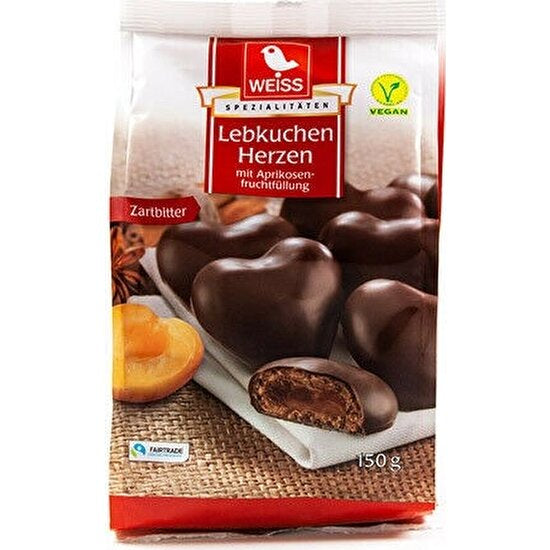 Weiss Lebkuchen Herzen mit Aprikosen Füllung, Zartbitter, 150g